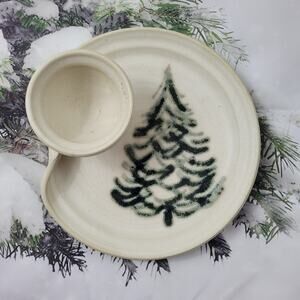 Handmade Studio Art Holiday Tree Serving Piece with attached Bowl
